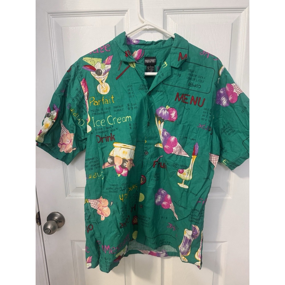 Para Sport Mens L Green Ice Cream Menu Print Cotton Camp Shirt Short Sleeve Vtg